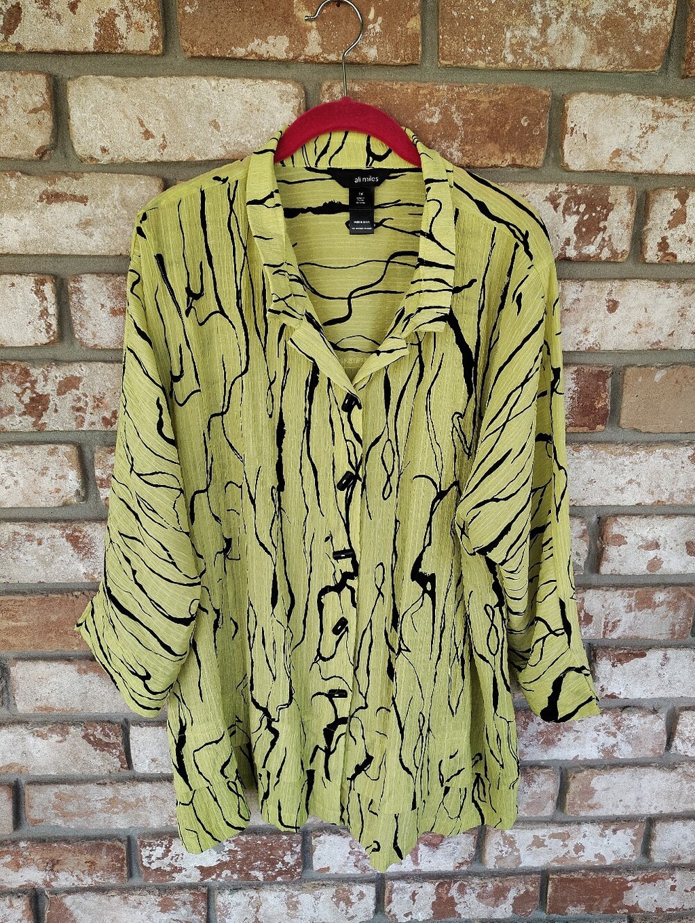 Ali Miles 1X Tunic Top Chartreuse Yellow Black Abstract Crinkle Lagenlook Artsy - Picture 2 of 8